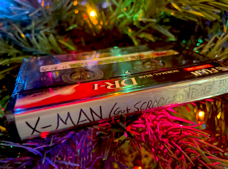photograph of an X-Man tape in a Christmas tree